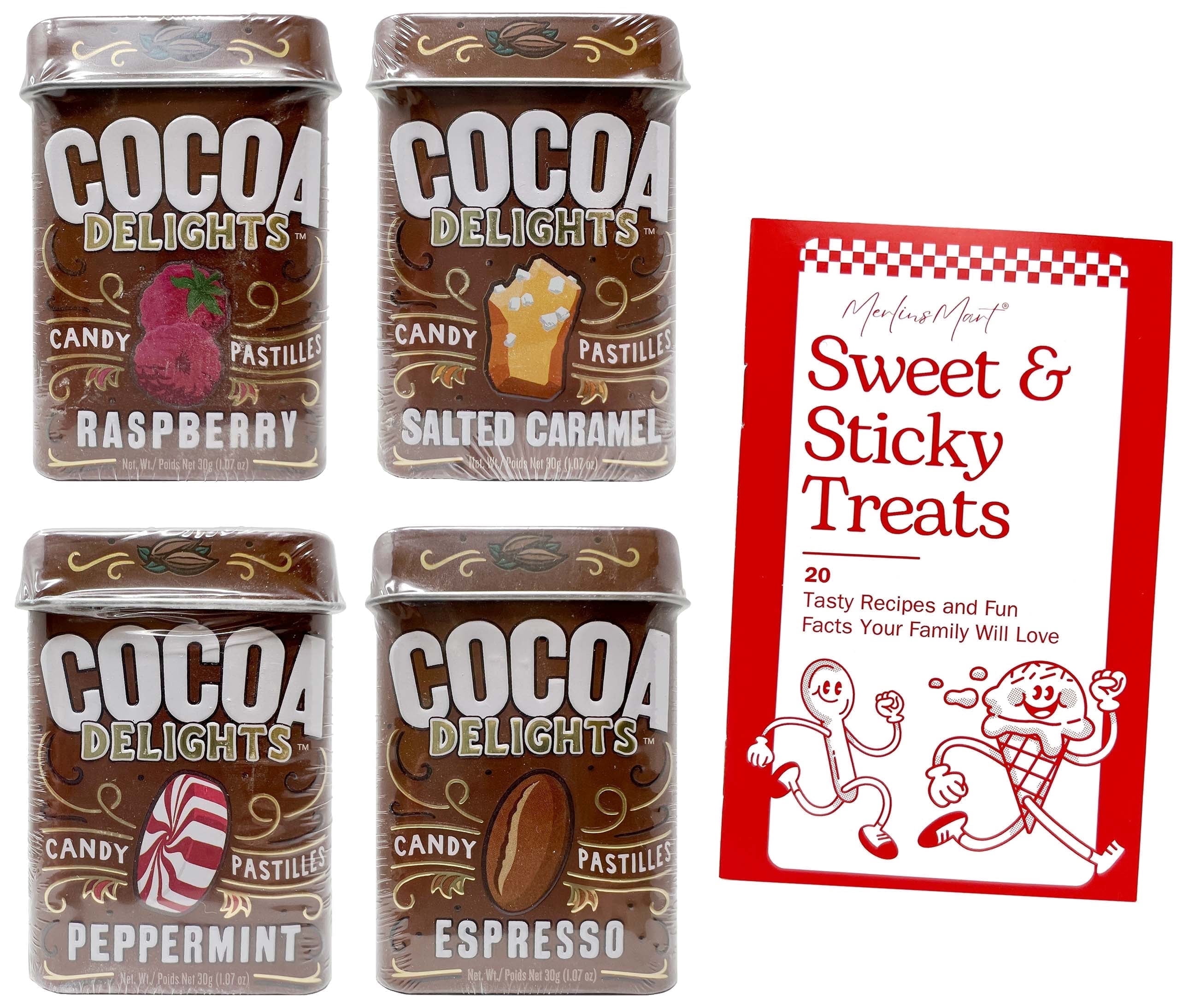 Big Sky Cocoa Delights Hard Candy Variety, Espresso, Peppermint, Salted Caramel & Raspberry (1.07 oz) + MerlinsMart Zine