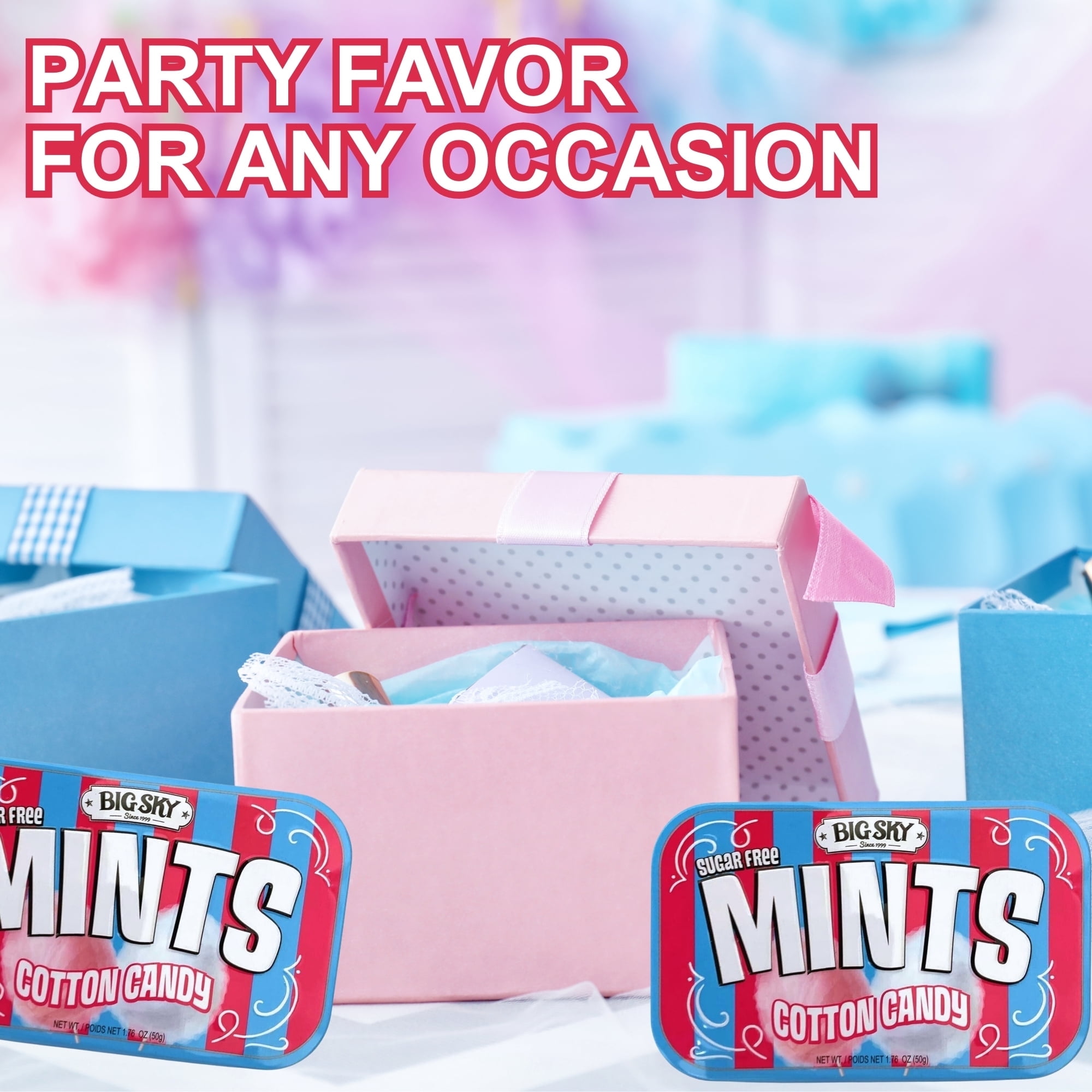 Big Sky Cotton Candy Mints, Pink & Blue Tin Box Storage for Party