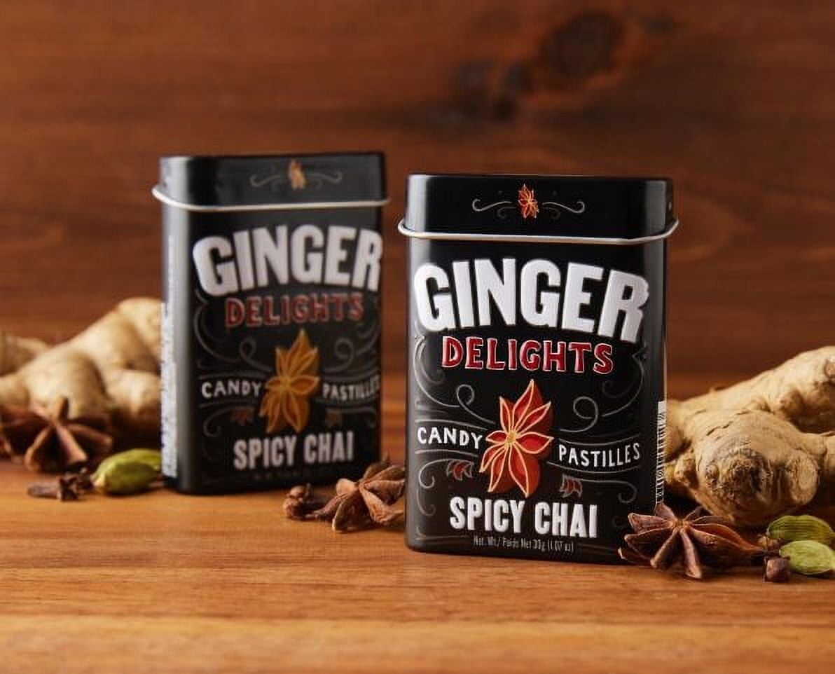 Big Sky Ginger Delights Hard Candy, Spicy Chai, 1.07 Ounce Tin - 12 Count Display Box