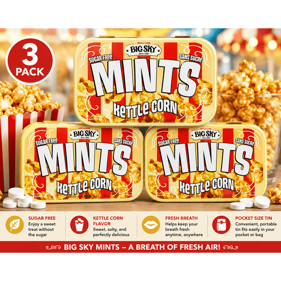 Big Sky Mints Sugar Free Kettle Corn 3-Pack 1.76 oz (50 g) Each