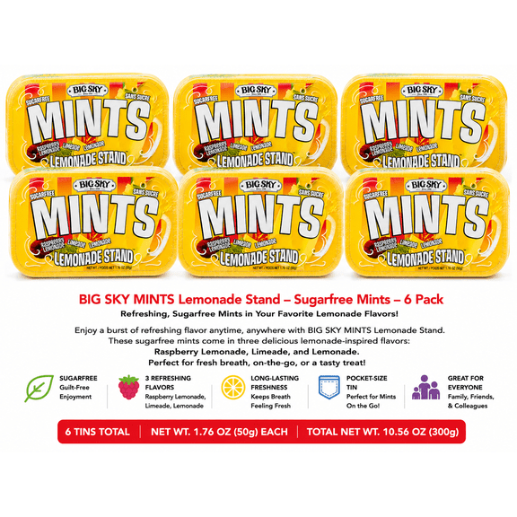 Big Sky Mints Lemonade Stand Sugar free Raspberry Lemonade, Limeade, Lemonade Flavors 6 Pack, 10.56 oz