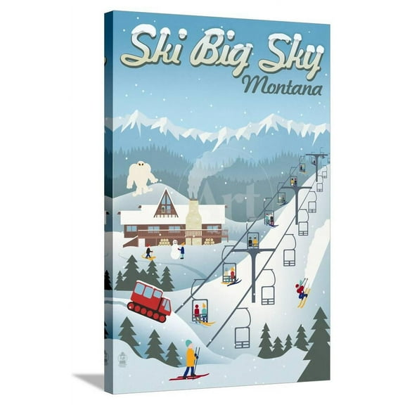 Big Sky, Montana  Retro Ski Resort, Stretched Canvas Wall Art by Lantern Press Sold by ArtCom