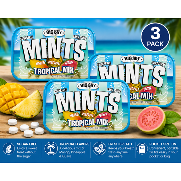 Big Sky Sugar Free Mints Tropical Mix, Mango, Pineapple & Guava Flavors, 3-Pack, 1.76 oz Each