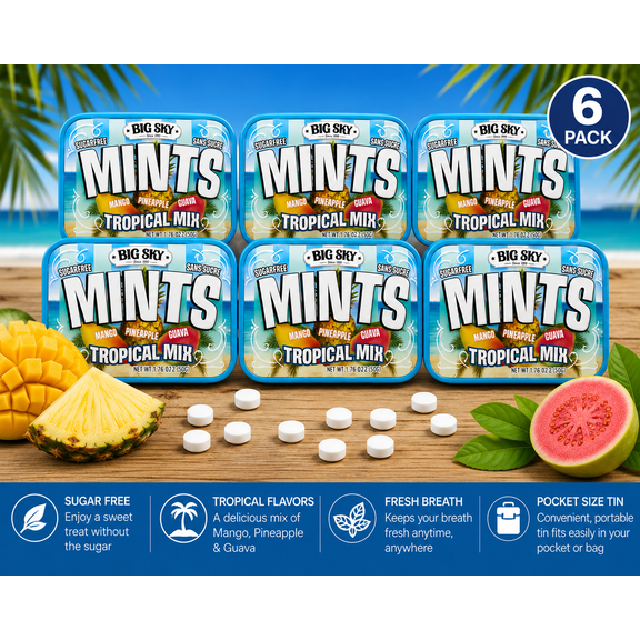 Big Sky Sugar Free Mints Tropical Mix, Mango, Pineapple & Guava Flavors, 6-Pack, 1.76 oz (50 g) Each