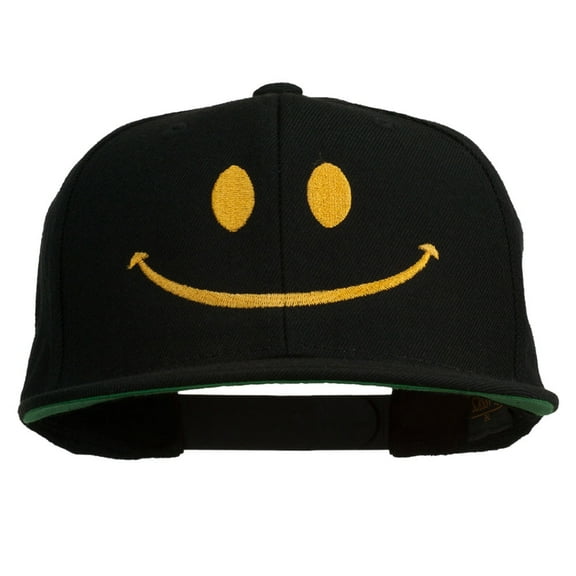 Big Smile Face Embroidered Flat Bill Cap - Black OSFM
