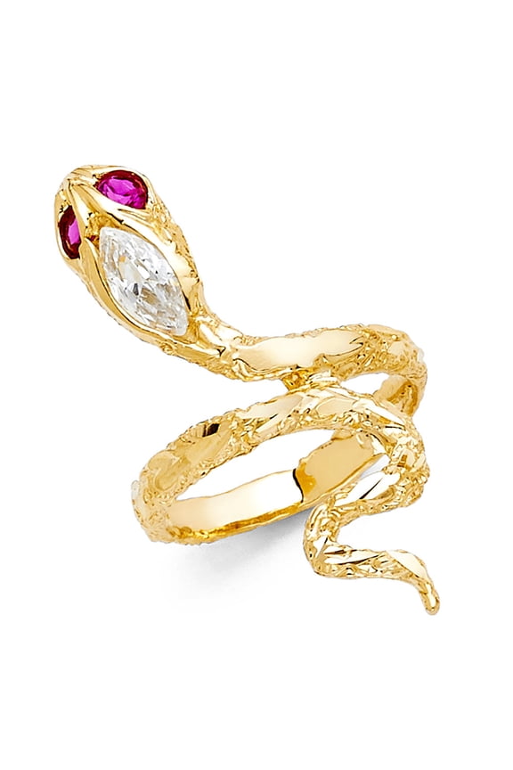 Big Snake Ring Solid 14k Yellow White Gold Band Serpent Curve Red CZ Diamond Cut Fashion Fancy, Size 7