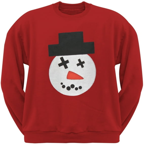Big Snowman Face Applique Red Adult Crew Neck Sweatshirt