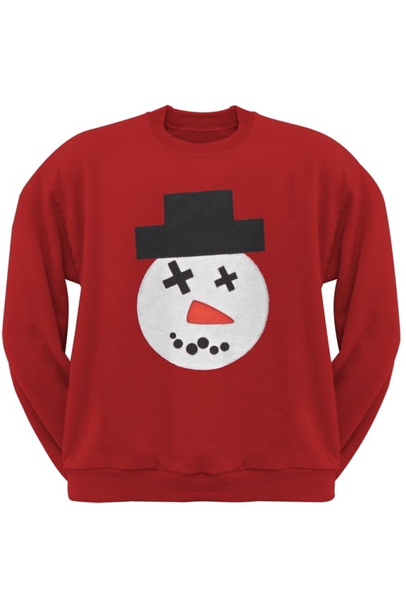 Big Snowman Face Applique Red Adult Crew Neck Sweatshirt