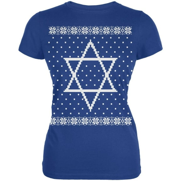 Big Star of David Ugly Hanukkah Sweater Juniors Soft T Shirt Royal LG