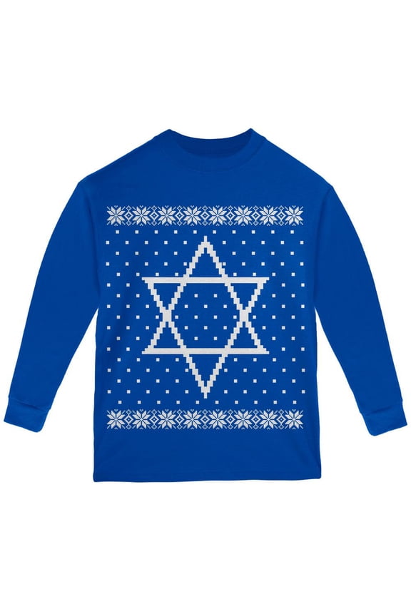 Big Star of David Ugly Hanukkah Sweater Youth Long Sleeve T Shirt Royal YMD
