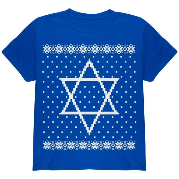 Big Star of David Ugly Hanukkah Sweater Youth T Shirt Royal YMD