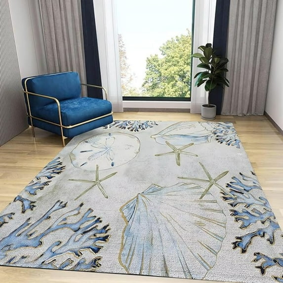 Big Starfish Ocean Theme Area Rug, Blue Coral Shell Non Slip Easy Care Throw Large Area Rugs, Breathable Durable Carpet For Indoor Bedroom Living Room Office Decor Rug 1x2ft