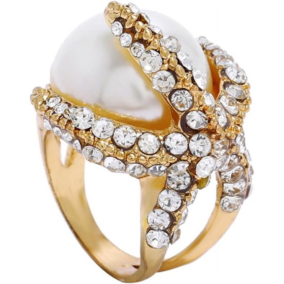 Big Starfish Shell Pearl Statement Ring for Women Rhinestone Crystal Star Exaggerate Wide Band Finger Rings Comfort Fit Fashion Delicate Christmas Cocktail Halloween Party Jewelry Size 9