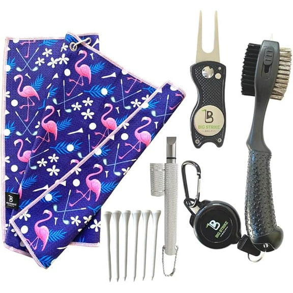 Big Strike Golf Accessories Kit Includes Golf Towel, Divot Tool, Club Brush Cleaner, Head Groove Sharpener, Tees & Gift Box