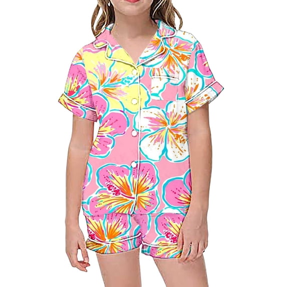 Big Summer Outfits For Girls Two Piece Short Sleeve Children Graphic Print Button Shirt Shorts Clothing Sets Size 10-11T