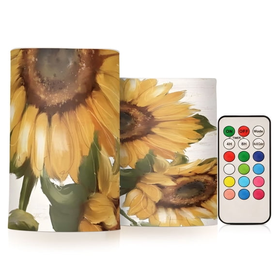 Big Sunflower Flickering Flameless Candles Battery Operated with Remote Timer LED Pillar Candles Set of 2