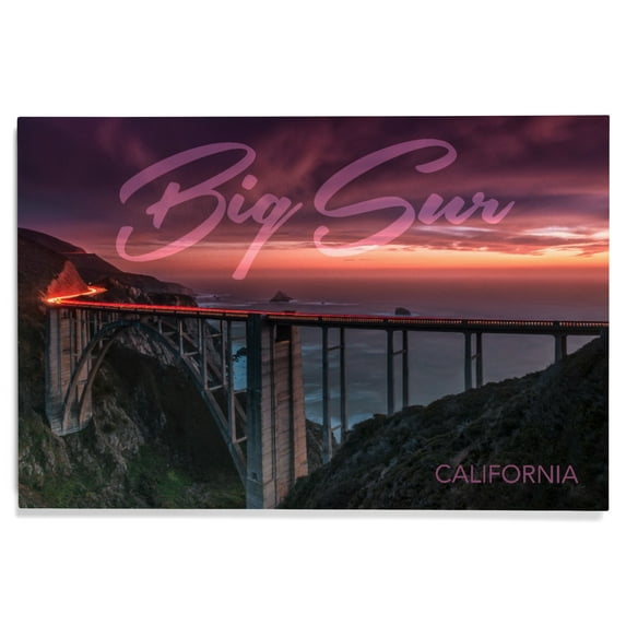 Big Sur, California, Bixby Bridge and Sunset, Typography Birch Wood Wall Sign (12x18 Rustic Home Decor, Ready to Hang Art)