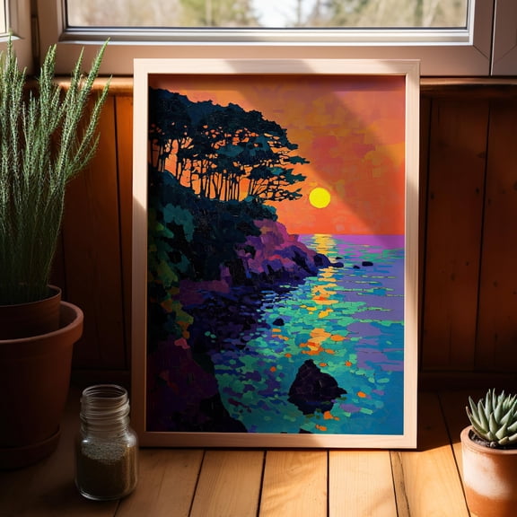 Big Sur California Sunset Mosaic Wall Art Vibrant Coastal Decor, Unframed Canvas Size 8x12