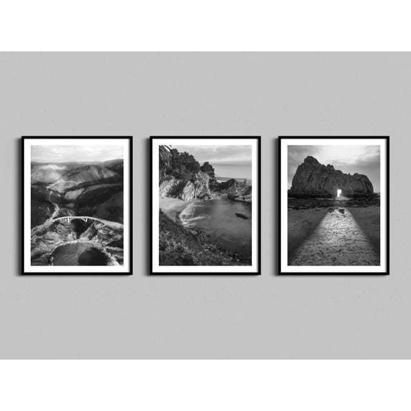 Big Sur Set of 3 Prints California Triptych Black White Photography Coastal Photo Gallery Wall Pfeiffer Beach McWay Falls Bixby Bridge Set 3