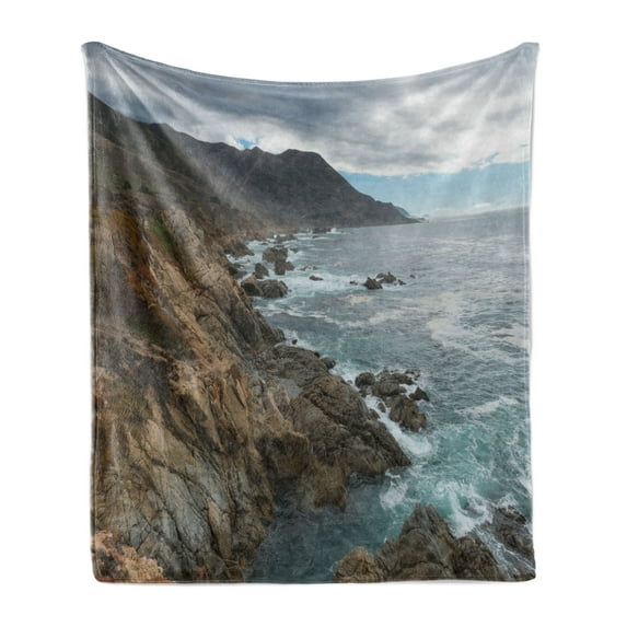 Big Sur Soft Flannel Fleece Throw Blanket, Overcast Sky Along the Central Coast Rocky Cliffs and Rough Ocean, Cozy Plush for Indoor and Outdoor Use, 50" x 60", Cocoa and Pale Blue Grey, by Ambesonne