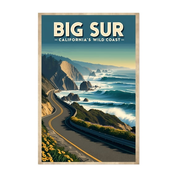 Big Sur Vintage Travel Poster – California’s Scenic Coastal Escape - California Illustration Travel Poster Coast Scenic Waves Vintage Landscape Seascape Unframed Wall Art Print 32 x 48 inches