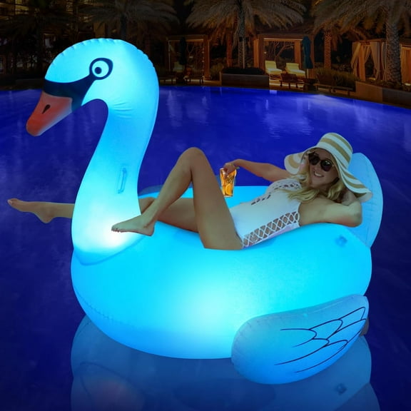 Big Swan Pool Floats Solar Powered Flamingo Pool Floats Adult w/LED Color Changing Lights, 69'' Large Inflatable Pool Floaties w/Cup Holder, Lake Float Lounger, Giant Light up Flamingo Pool Float