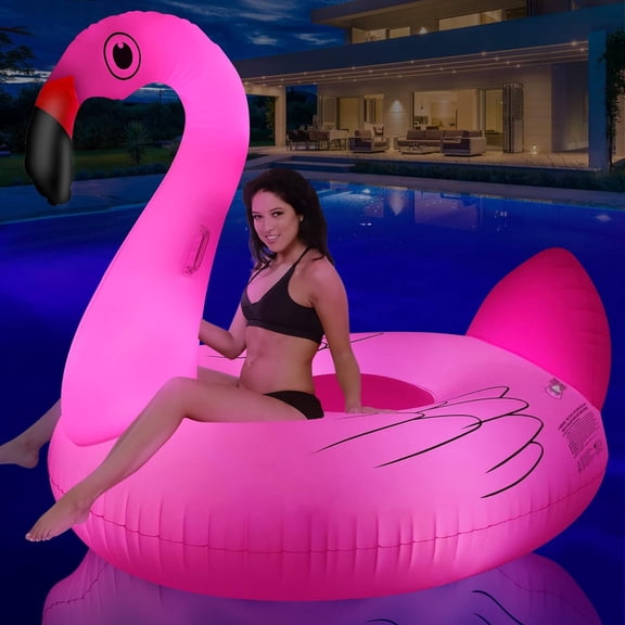 Big Swan Pool Floats Solar Powered Flamingo Pool Floats Adult w/LED Color Changing Lights, 69'' Large Inflatable Pool Floaties w/Cup Holder, Lake Float Lounger, Giant Light up Flamingo Pool Float