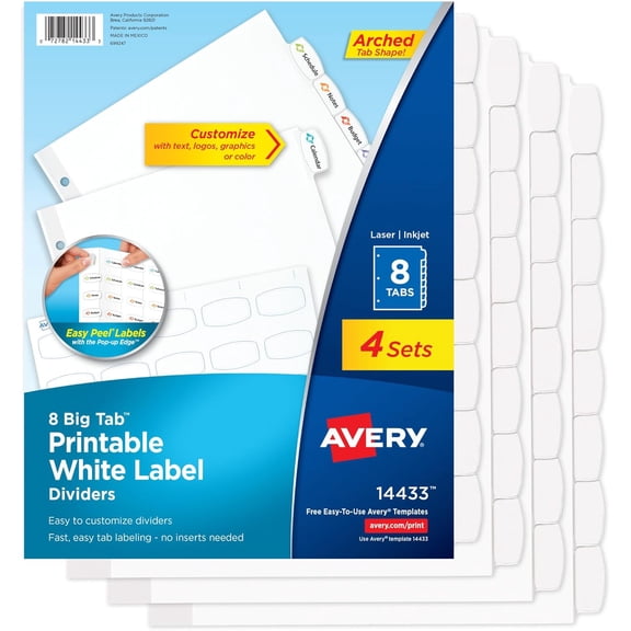 Big Tab Printable White Label Dividers for 3 Ring Binders, 8 Tabs per Set, White, Great Office Supplies, School Organizing, and More (4 Sets of 14433)