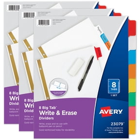 Avery Big Tab Write & Erase Dividers for 3 Ring Binders, 8-Tab Set, Multicolor Divider Tabs, Great for Organizing Projects, Reports, Finances, and More (3-Pack of 23079)