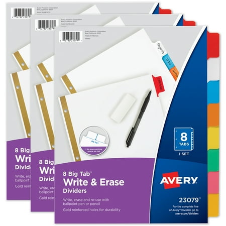 Avery Big Tab Write & Erase Dividers for 3 Ring Binders, 8-Tab Set, Multicolor Divider Tabs, Great for Organizing Projects, Reports, Finances, and More (3-Pack of 23079)