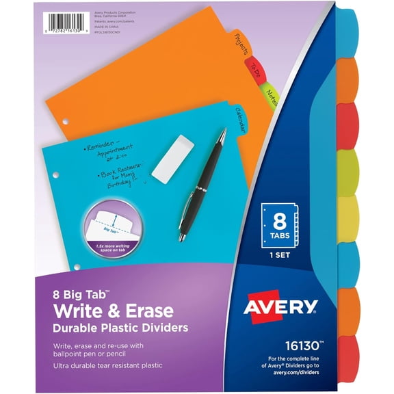 Big Tab Write & Erase Durable Plastic Dividers for 3 Ring Binders, 8-Tab Sets, Bright Multicolor, 24 Sets, 192 Divider Tabs (16130)