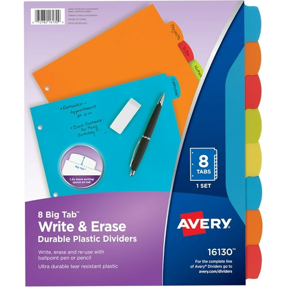 Big Tab Write & Erase Plastic Dividers for 3 Ring Binders, 8-Tab Set, Bright Multicolor, 1 Set (16130)