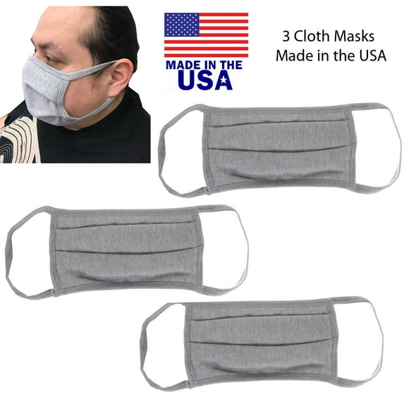 Big & Tall 3 Pack Pleated Washable Cloth Face Dust Mouth Cover Made in USA Grey