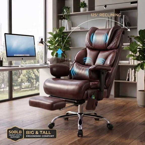 Big & Tall 500LBS Massage Executive Office Chair, Ergonomic Desk Chair with 6-Point Vibration & Footrest, Heavy-Duty Reclining Computer Chair, Breathable Synthetic Leather, Easy Assembly