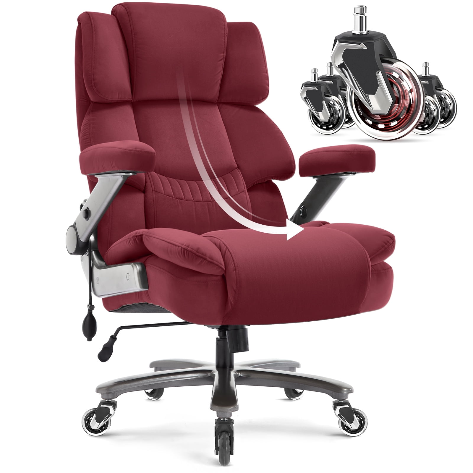 Big and Tall 700lbs Office Chair, Fabric Heavy Duty Executive Chair with 3D Flip up Armrests Adjustable Lumbar Support Large Rubber Wheels, Extra Wide High Back Computer Desk Chair, Burgundy