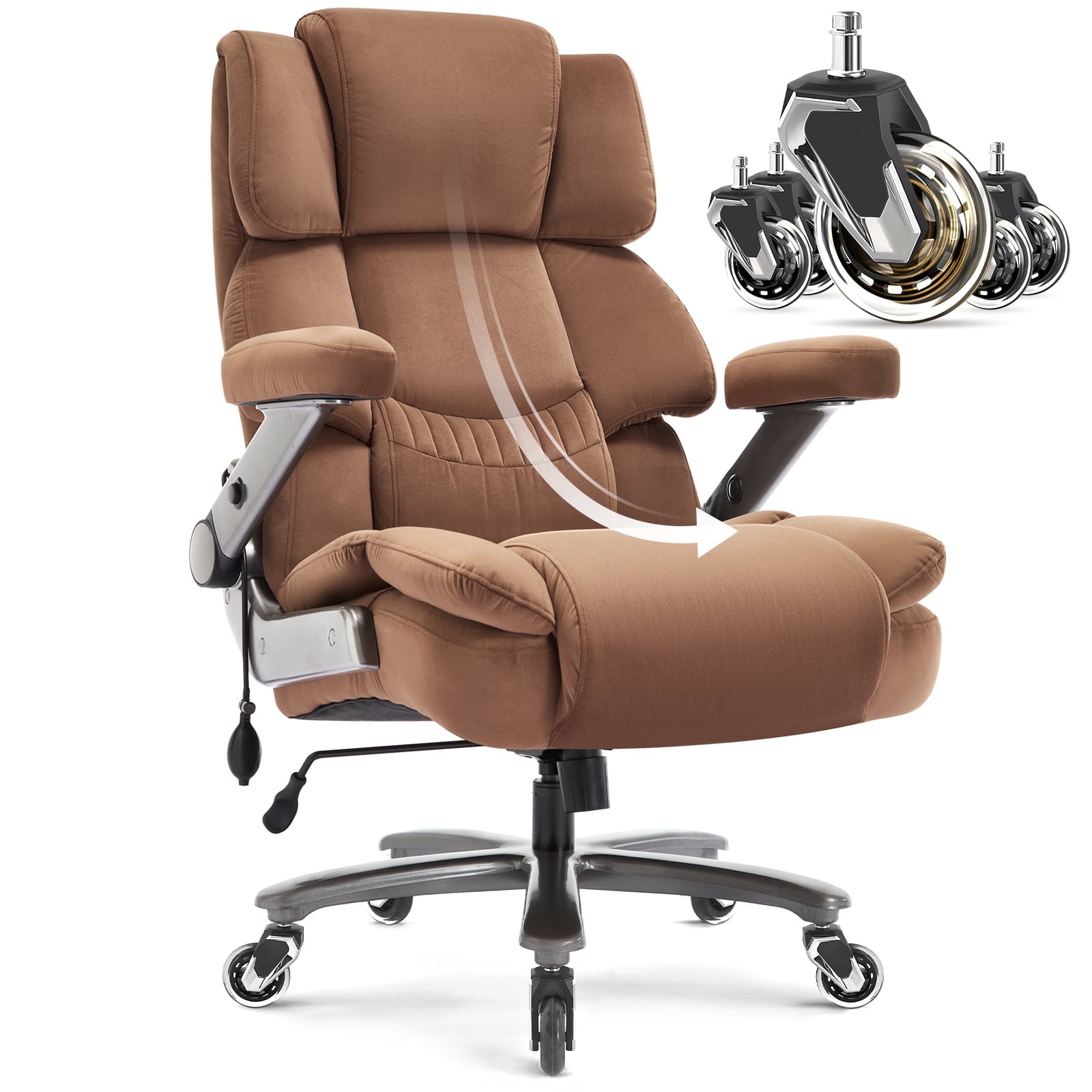 Big and Tall 500lbs Office Chair, Fabric Heavy Duty Executive Chair with 3D Flip up Armrests Adjustable Lumbar Support Large Rubber Wheels, Extra Wide High Back Computer Desk Chair, Brown