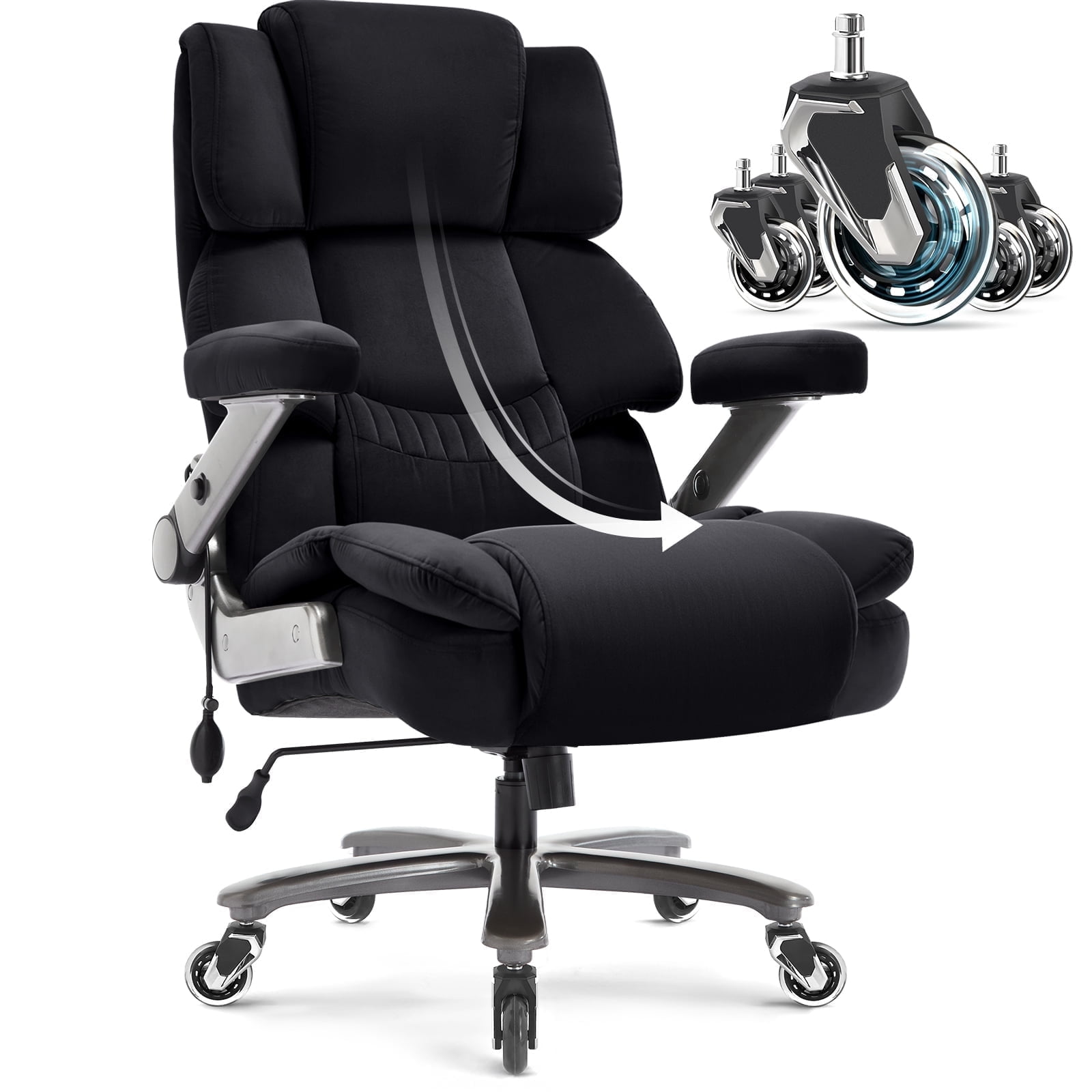 Big and Tall 700lbs Office Chair, Fabric Heavy Duty Executive Chair with 3D Flip up Armrests Adjustable Lumbar Support Large Rubber Wheels, Extra Wide High Back Computer Desk Chair, Black