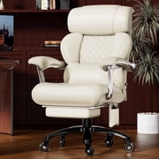 Big and Tall Executive Office Chair with Metal Base, Linkage Armrest, Footrest, Extra Thick Wide Cushion, Silent Rubber Wheels, Cream
