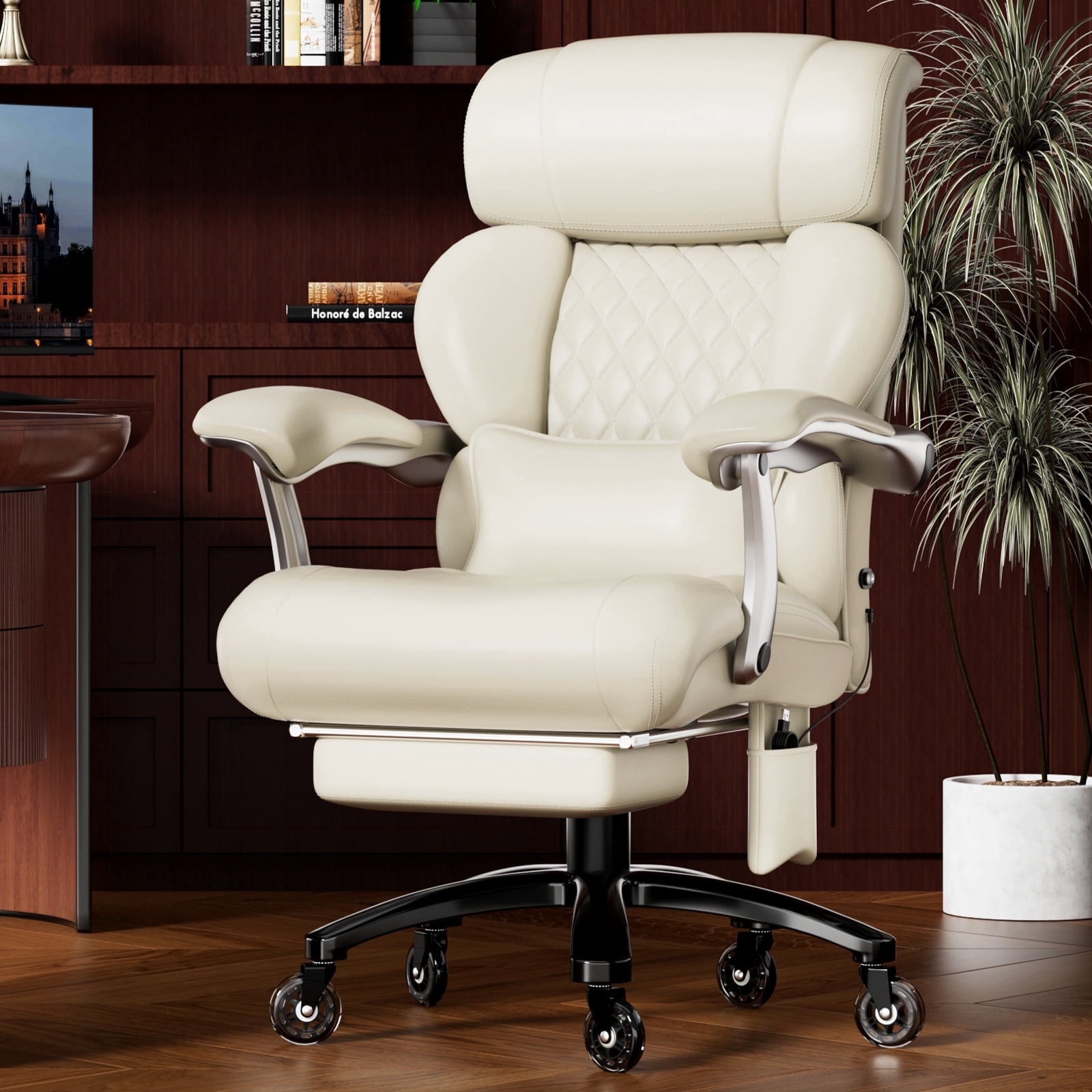Big and Tall 700LBS Heavy Duty Executive Office Chair with Metal Base, Linkage Armrest, Footrest, Extra Thick Wide Cushion, Silent Rubber Wheels, Cream