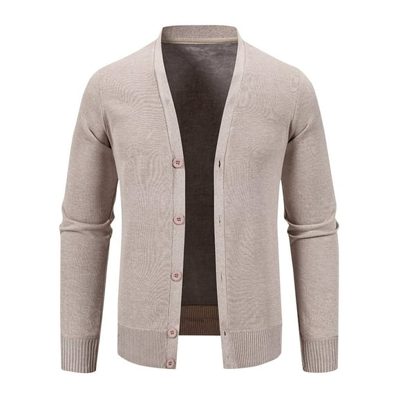 Big & Tall Button Up Cardigans Long Sleeve Mens Fleece Lined Sweaters V Neck Thicken Open Front Coat XXXXL, Beige