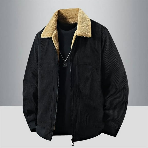 Big & Tall Corduroy Jackets for Men with Pockets Plus Size M-4X Fleece Lined Coats Zip-Up Collared Long Sleeve Thermal Warm Vintage Outerwear Jacket