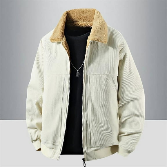 Big & Tall Corduroy Jackets for Men with Pockets Plus Size M-4X Fleece Lined Coats Zip-Up Collared Long Sleeve Thermal Warm Vintage Outerwear Jacket