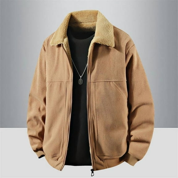 Big & Tall Corduroy Jackets for Men with Pockets Plus Size M-4X Fleece Lined Coats Zip-Up Collared Long Sleeve Thermal Warm Vintage Outerwear Jacket