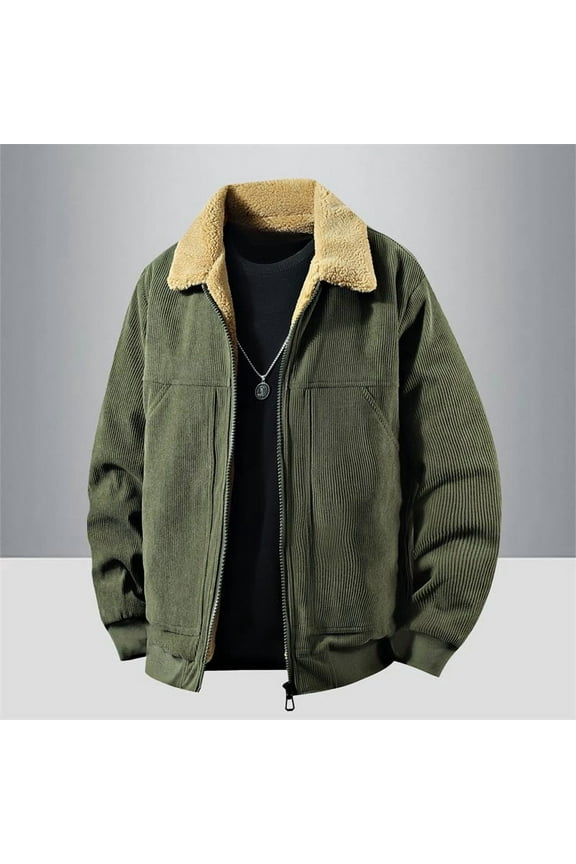 Big & Tall Corduroy Jackets for Men with Pockets Plus Size M-4X Fleece Lined Coats Zip-Up Collared Long Sleeve Thermal Warm Vintage Outerwear Jacket