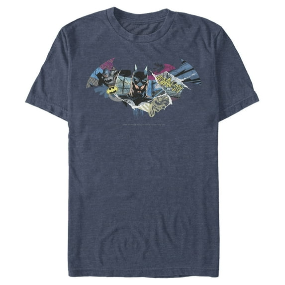 Men's Batman Shield Logo Classic Hero Collage  Graphic Tee Navy Blue Heather 4X Large
