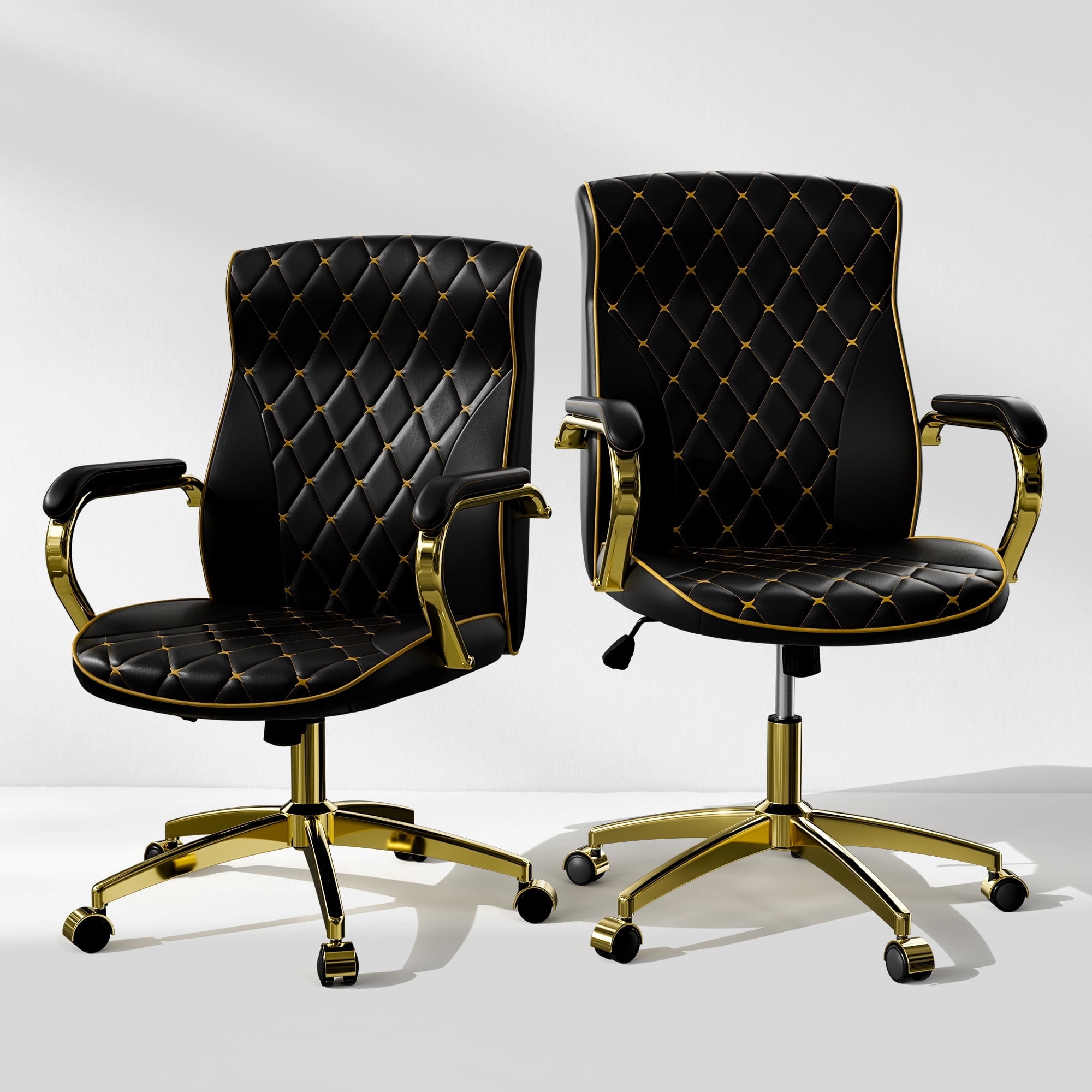 Big and Tall Black Office Chair Set of 2, High Back 360 Swivel Executive Office Desk Chair, PU Leather Desk Chair with Gold Metal Leg, Computer Home Office Chair with Rocking Function, Black