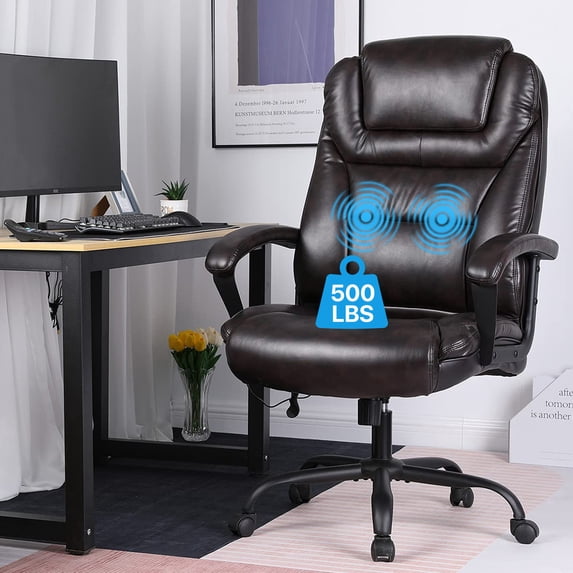 Big and Tall Executive Chair 500 Lbs Capacity PU Leather Boss Office Desk Chair Heavy Duty High Back Computer Chair Thick Sponge Office Chair with 360° Quiet Swivel Wheels, Brown
