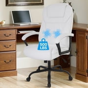 Big and Tall Executive Chair 500lb Capacity PU Leather Boss Office Desk Chair Heavy Duty High Back Computer Chair Thick Sponge Office Chair with 360 Quiet Swivel Wheels, White