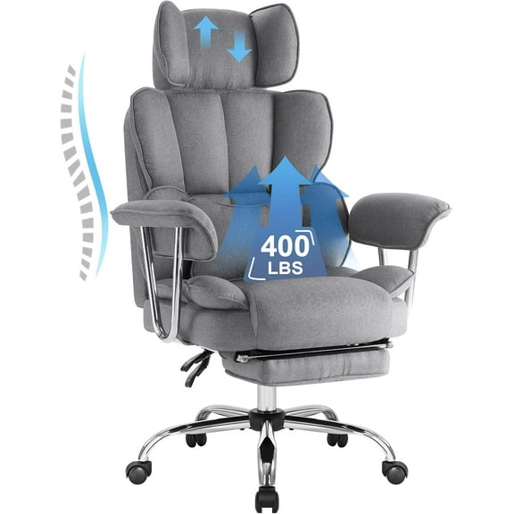 Big and Tall Executive Office Chair 400LBS, Heavy Duty Desk Chair with Footrest, Ergonomic Computer Chairs, Extra Wide Seat, Adjustable Headrest, Armrests,Lumbar Support (Gray)
