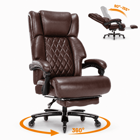 Big & Tall Executive Office Chair, 800 lb Capacity, 90°-155° Reclining High Back PU Leather Desk Chair with Footrest and Wide Spring Cushion, Brown
